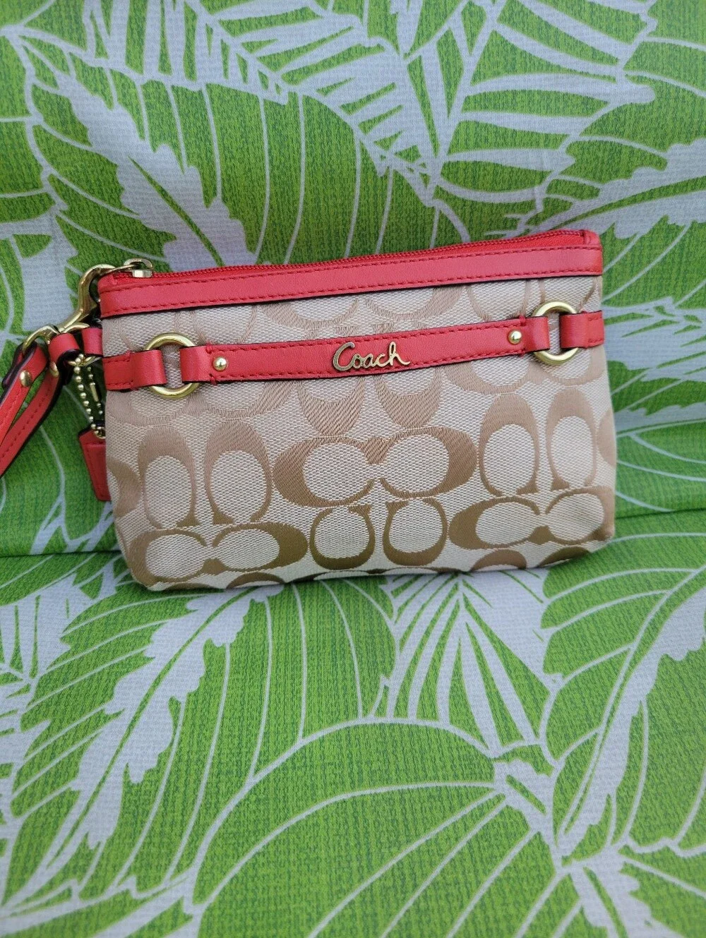 Coach Gallery Signature Medium Canvas Wristlet in Khaki/Presimmons or Tan/Orange